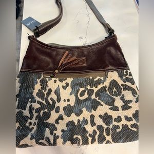 NWOT Myra Handbags, Naive Shoulder bag, blue grey leopard, brown leather